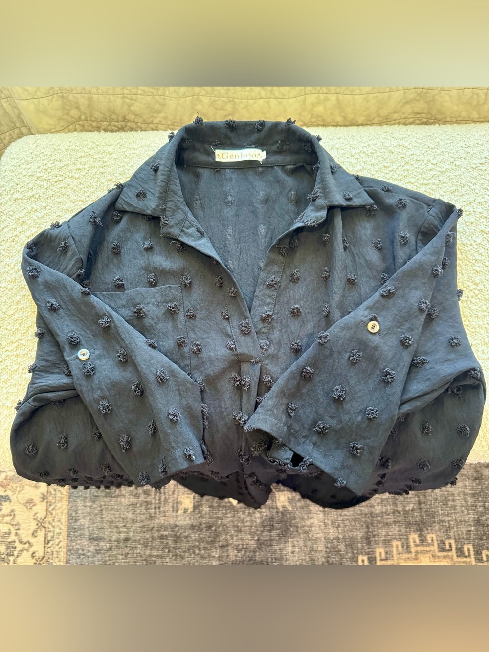 Genhoo Dress Black Clip Dot Shift Size L Henley Collar Tab Sleeve Flawless NWOT - Picture 3 of 5
